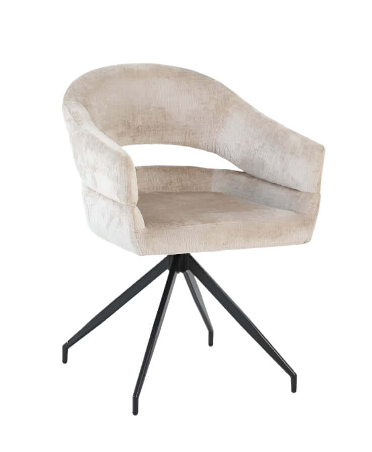 Eetkamerstoel Elena van VSO Design met luxe grof geweven stof en een zwart metalen vierpoots onderstel.