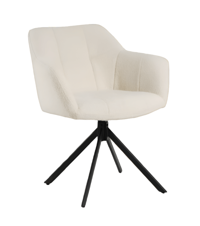 De Rosalie eetkamerstoel van VSO Design is een
perfecte mix van modern design en comfort. De stoel is bekleed met een zachte,
wollige bouclé stof in een elegante witte kleur, wat zorgt voor een warme en
stijlvolle uitstraling in elke eethoek.
Het licht afgeronde design van de rug- en armleuningen biedt
fijne ondersteuning, terwijl de subtiele stiknaden zorgen voor een luxe
afwerking. De zwarte, metalen kruispoot voegt een stoer, industrieel contrast
toe en maakt de stoel stevig én visueel aantrekkelijk.